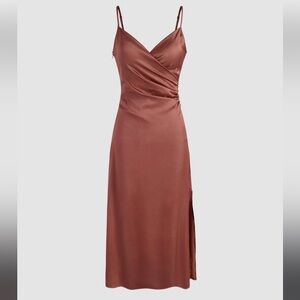 CIDER | Solid Satin Slit Midi Dress